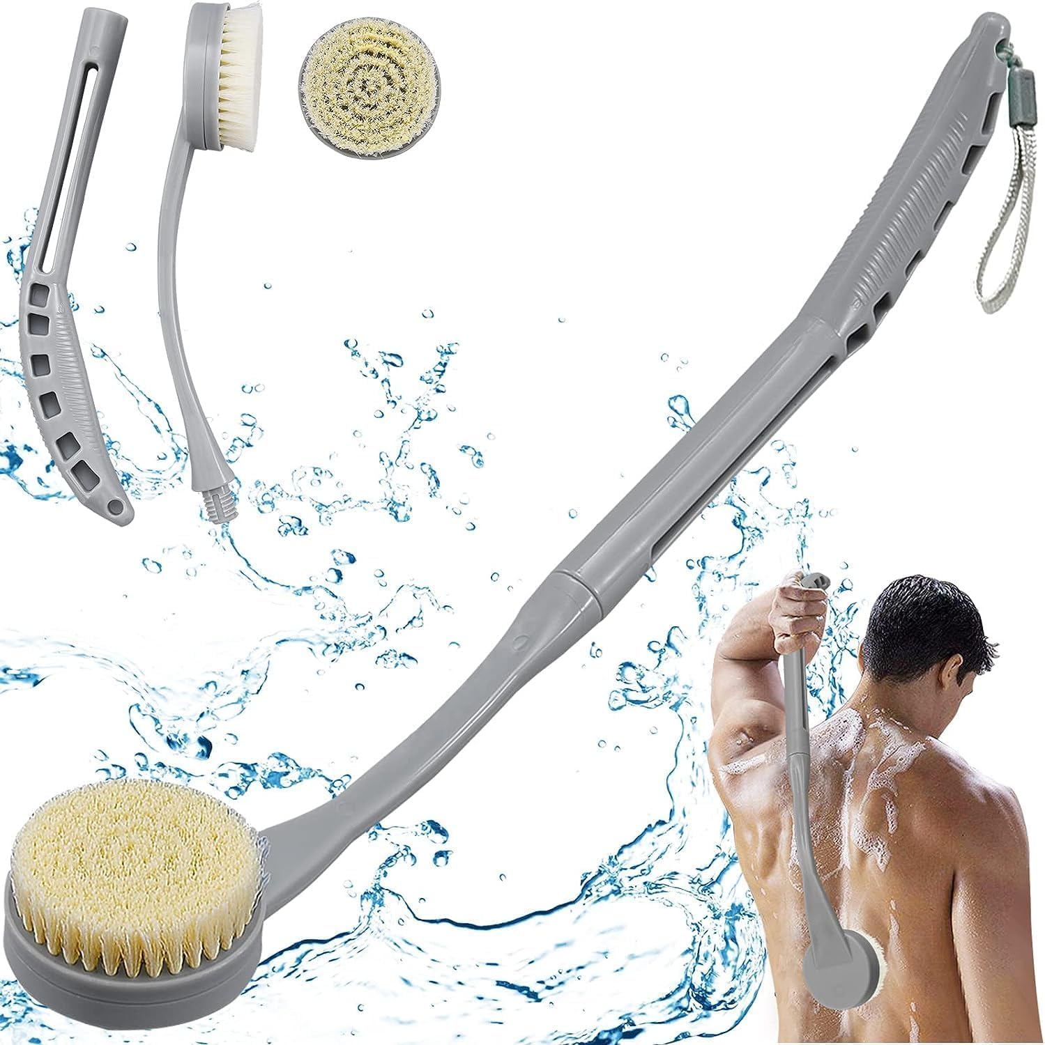 Back Brush Long Handle for Shower, 20.5” Bath Brush, Back Scrubber, Shower Body Brush with Curved Handle for Elderly Disabled, Limited Mobility, Frozen Shoulder,Men and Women