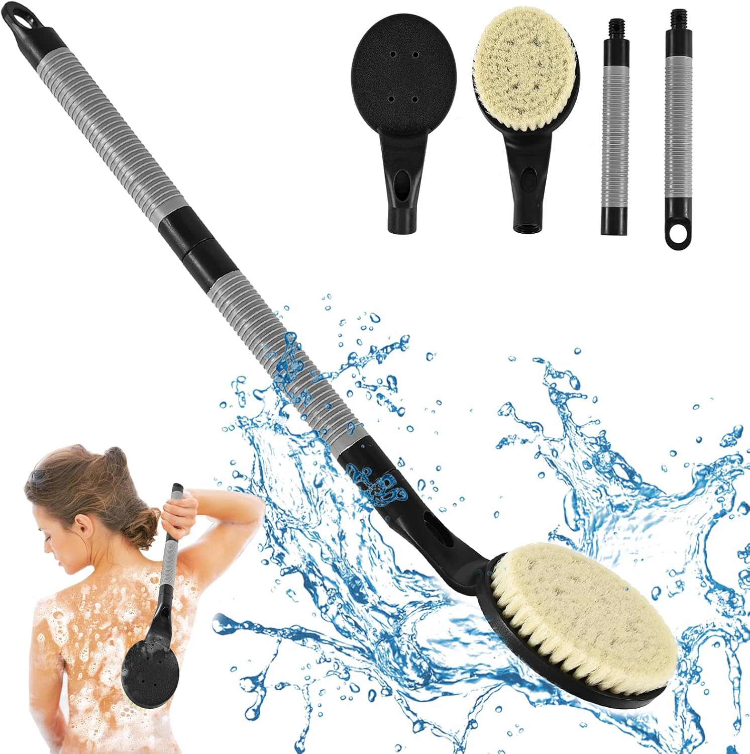 Back Scrubber for Shower, 21.7'' Detachable Shower Brush,Gentle Exfoliating, Easy to Clean and Stimulates Blood Circulation, for Wet or Dry Brushing Body Scrubber（Black）