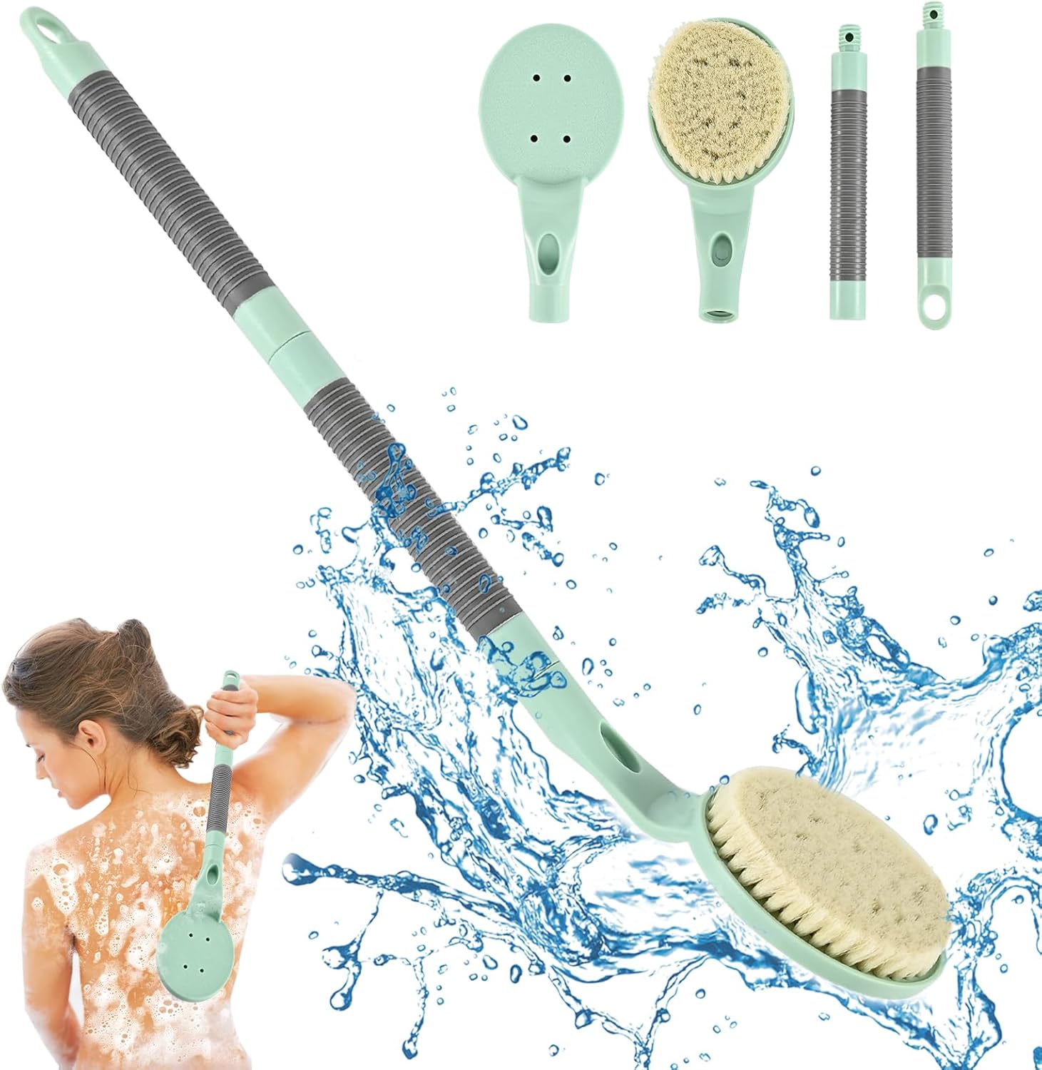 Back Scrubber for Shower, 21.7'' Detachable Shower Brush,Gentle Exfoliating, Easy to Clean and Stimulates Blood Circulation, for Wet or Dry Brushing Body Scrubber（Cyan）