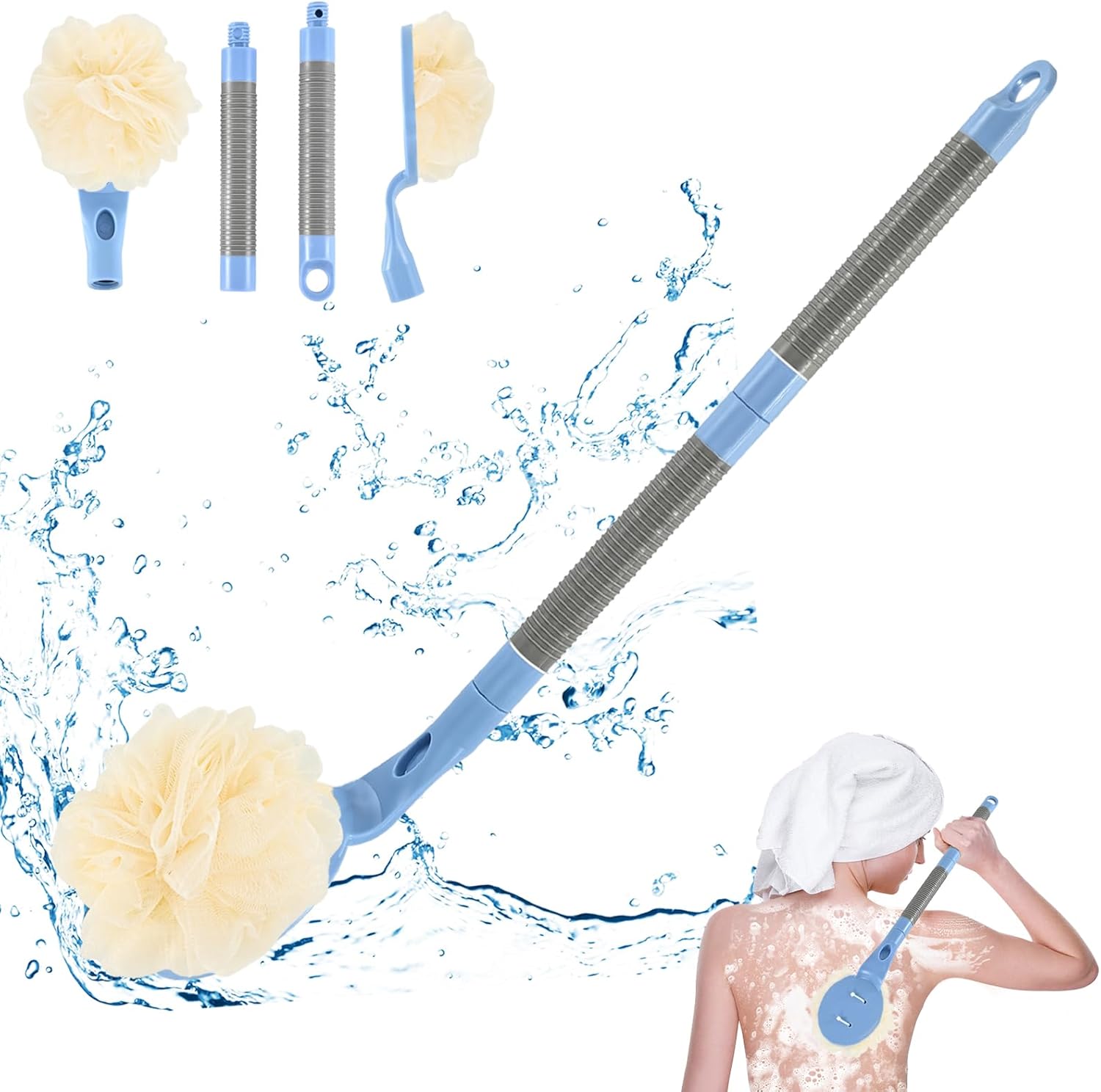 Loofah with Handle, 21.7” Removable Back Scrubber, Exfoliation and Improved Skin Health, Shower Loofah for Men and Women（Blue）