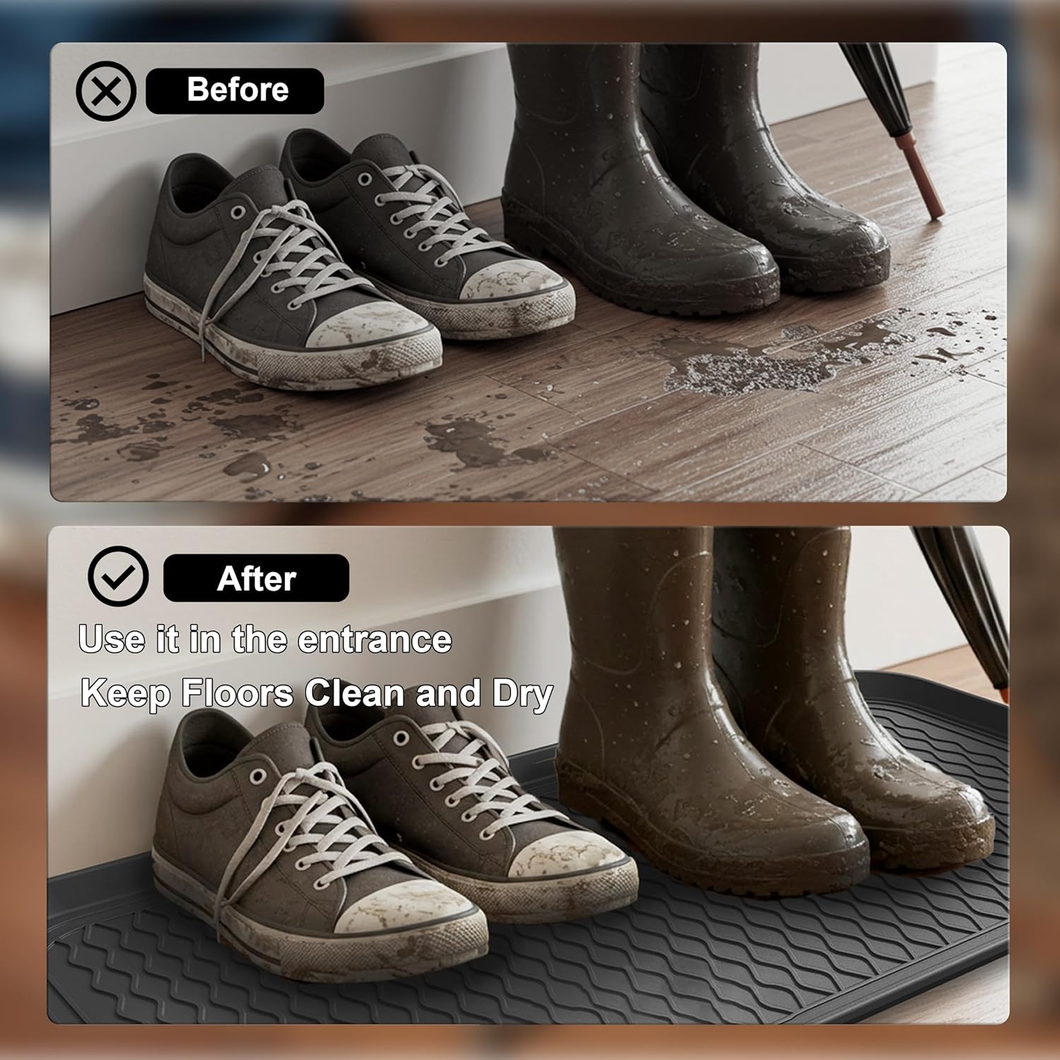 Boot Trays for Entryway, Multifunctional Shoe Mat with Cleaning Brush, Boot Tray for Shoes Plants Pots Paint Tins Pet Bowls (2pcs 30