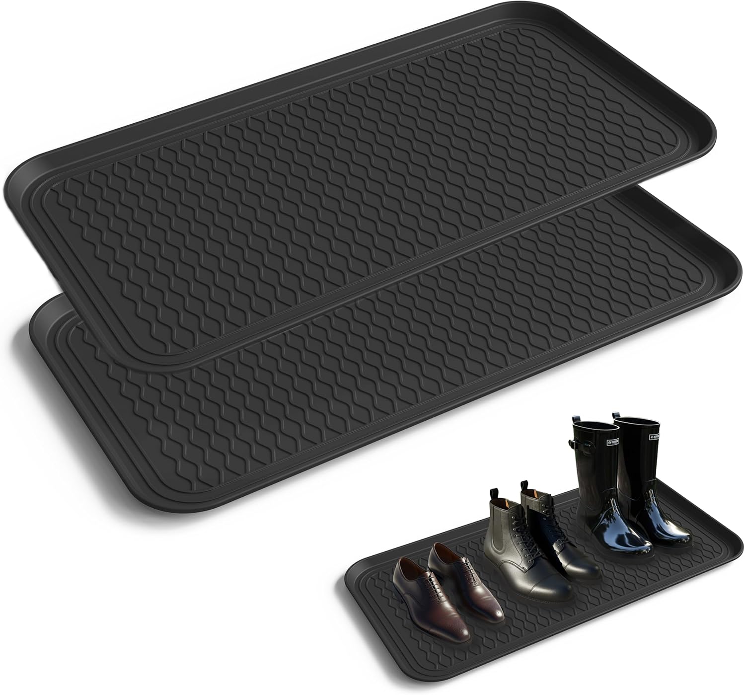 Boot Trays for Entryway, Multifunctional Shoe Mat with Cleaning Brush, Boot Tray for Shoes Plants Pots Paint Tins Pet Bowls (2pcs 30'' x 15'' x 1.2'')